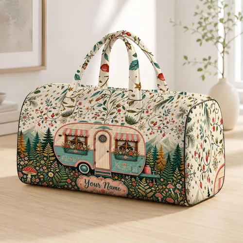 Cozy Retro Camper Cottage With Wildflowers For Camping Getaways And Travel Lovers Quilted Weekend Bag