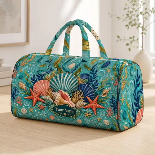 Coastal Seashell Starfish Seafoam Aqua Decor For Summer Beach Vacation Travel Lovers Quilted Weekend Bag