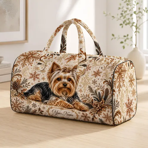 Winter Yorkshire Terrier Portrait With Copper Snowflakes For Holiday Travel Dog Moms Quilted Weekend Bag