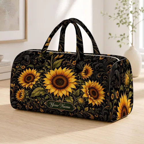 Golden Sunflower Black Baroque Florals For Beach Days Work Trips And Gifting For Her Quilted Weekend Bag