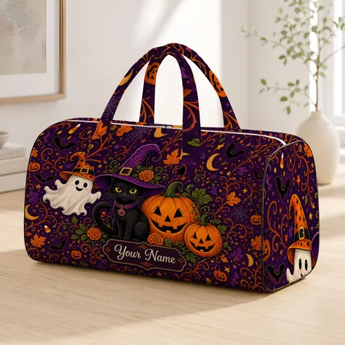 Black Cat Witch Hat Pumpkins And Ghost Halloween Travel For Spooky Fall Getaways Quilted Weekend Bag