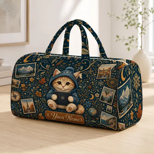 Cute Tablet Kitten In Blue Hood With Teal Autumn Vines For Cat Lover Fall Holiday Trips Quilted Weekend Bag