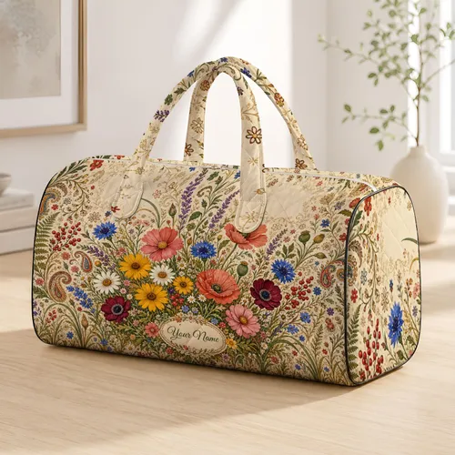 Rustic Bohemian Wild Meadow Florals On Cream For Holiday Travel Style For Women Gifts Quilted Weekend Bag