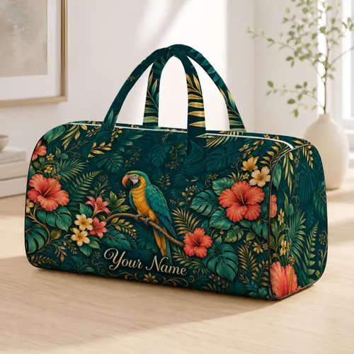 Jewel Tone Parrot With Hibiscus Tropical Resort Travel Style For Island Getaways Quilted Weekend Bag