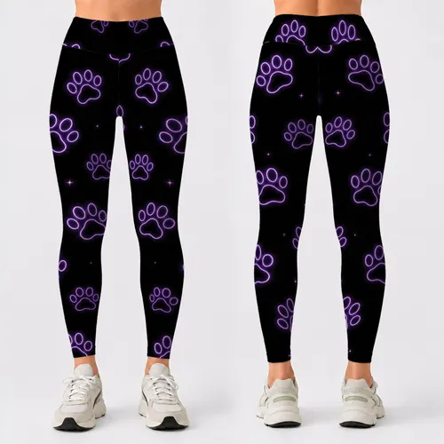 Neon Purple Dog Paw Motifs for Casual Gym, Yoga, and Everyday Style for Active Women Leggings