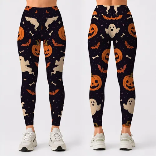 Cute Jack O Lantern Ghost Bat And Bone Motifs For Halloween Party Outfit Style Lovers Leggings