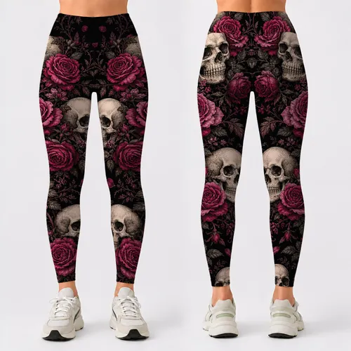 Ivory Skull And Wine Rose Gothic Botanical For Halloween Alternative Fashion Lovers Leggings