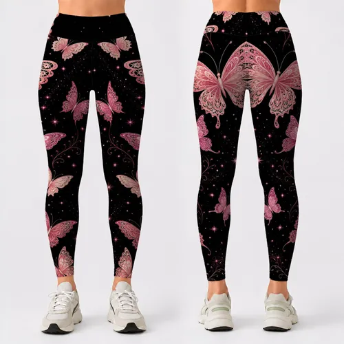 Pink Butterfly Constellation For Yoga Nights, Dance And Festival Style For Women Leggings
