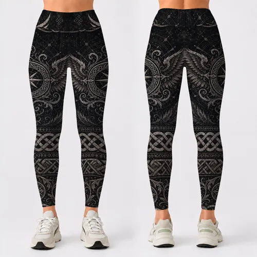Celtic Gothic Winged Compass And Raven Knotwork For Dark Fantasy Festival Style Leggings