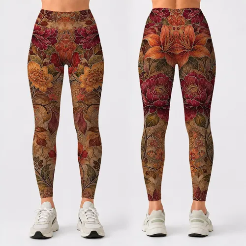 Burgundy Autumn Floral Botanical High Waist Yoga And Everyday Casual Wear For Women Leggings