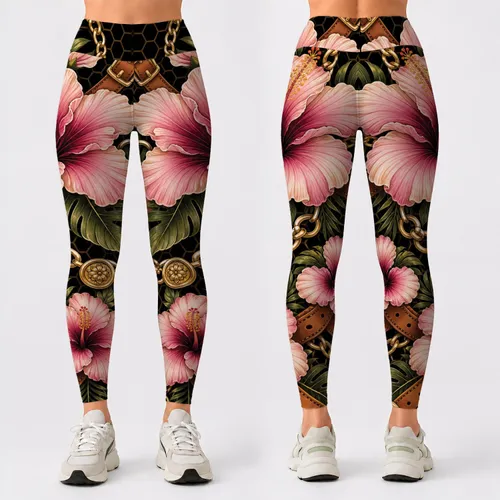 Black Hibiscus Gold Chain Motif For Resort Travel, Evening Wear And Statement Style Leggings
