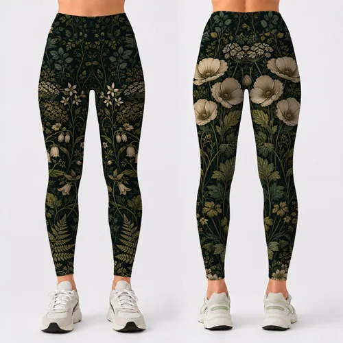 Dark Green Botanical Wildflower Garden Cottagecore Yoga Wear For Women Nature Lovers Leggings