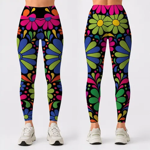 Retro Mod Daisy Floral Activewear for Women, Yoga Gym Running and Festival Style Leggings