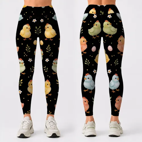 Watercolor Baby Chicks and Spring Flowers for Easter Outfits and Cottagecore Style Leggings