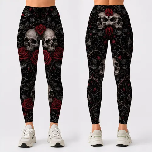 Gothic Skull And Crimson Rose Tattoo Art For Dark Romance Festival Fashion Enthusiasts Leggings