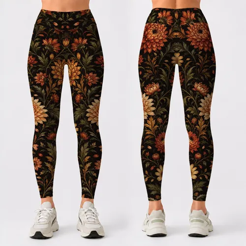 Autumn Chrysanthemum And Daisy Florals For Fall Yoga, Fitness And Casual Daily Wear Leggings