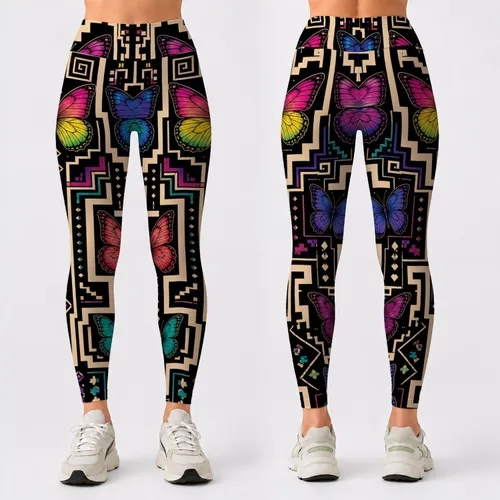 Colorful Butterfly Maze Geometric Activewear For Yoga Travel And Daily Street Style Leggings