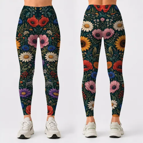 Teal Botanical Wildflower Garden High Waist Flare Yoga Festival Activewear For Women Leggings