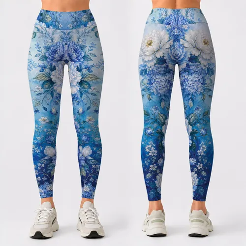 Vintage Blue Rose Floral Yoga And Fitness Wear for Bohemian Garden Style Lovers Leggings