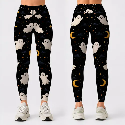 Friendly Ghost And Crescent Moon Halloween Nightwear For Women And Spooky Party Lovers Leggings