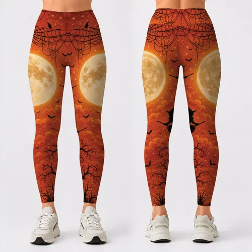 Halloween Witch Moon And Jack O Lantern Art For Spooky Yoga And Fall Fitness Women Leggings