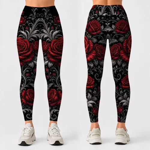 Gothic Red Roses Silver Vines For Romantic Date Night And Alternative Fashion Lovers Leggings