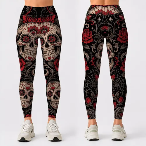 Dia De Muertos Sugar Skull Rose Tattoo Flash For Halloween Yoga And Fitness Lovers Leggings
