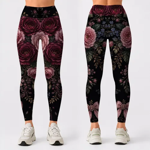 Romantic Noir Rose And Pink Bow Florals For Date Night And Everyday Women's Wear Leggings