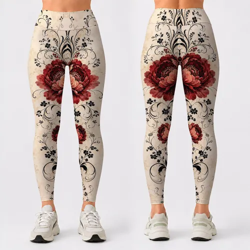Crimson Peony And Black Vine Art Nouveau Floral For Romantic Evening Wear And Yoga Leggings