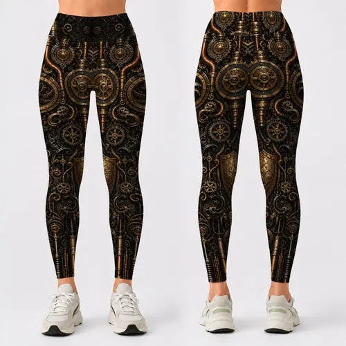 Steampunk Brass Gear and Piston Armor Motif for Gothic Festival Cosplay Outfit Wear Leggings