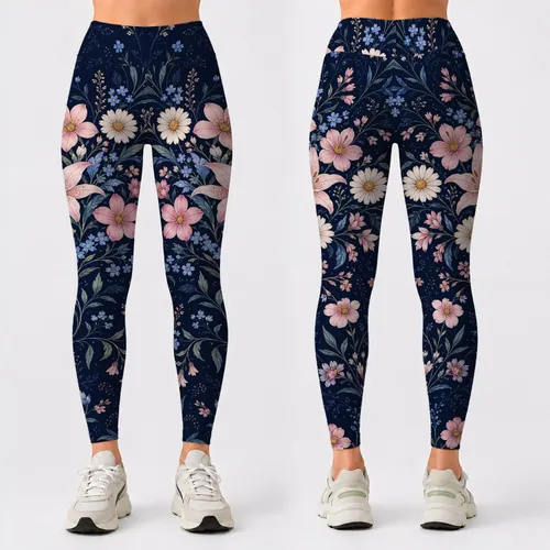 Navy Pink Wildflower Botanical For Everyday Wear And Garden Party Outfits Women Leggings