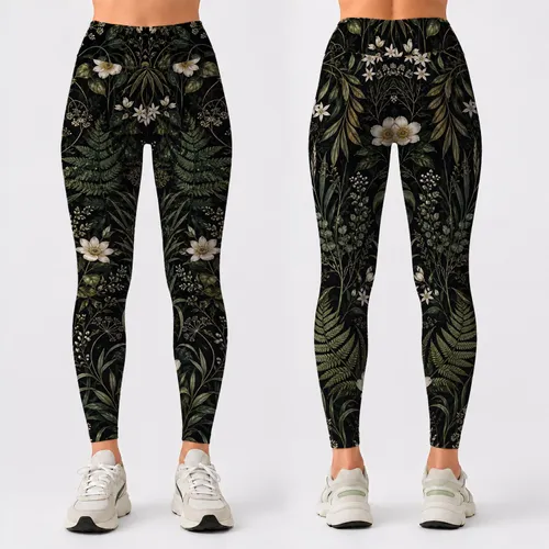 Dark Nocturnal Botanical Garden Flowers For Yoga Travel And Everyday Activewear Women Leggings