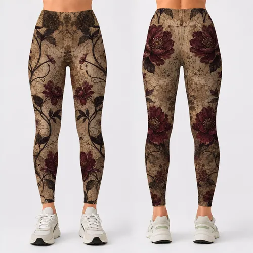 Vintage Burgundy Floral Collage High Waist Activewear For Women Leggings