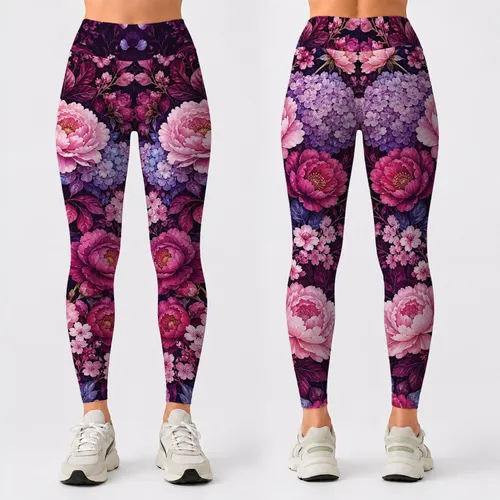 Midnight Plum Peony And Hydrangea Floral Garden For Romantic Everyday Style Women Leggings