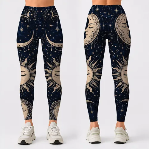 Celestial Sun Moon Stars Midnight Navy Boho Mystic Festival Yoga Lounge Style For Women Leggings