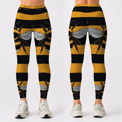 Bold Bumblebee With Charcoal Gold Stripes For Casual Streetwear And Festival Women Leggings
