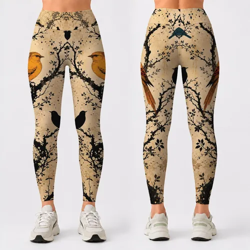 Black Branch Songbirds On Antique Cream For Yoga Studio And Streetwear Women Outfits Leggings