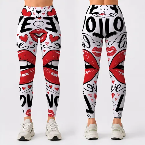 Red Lipstick Kisses, Love Hearts And Bold Lettering For Valentine Yoga Gym Women Leggings