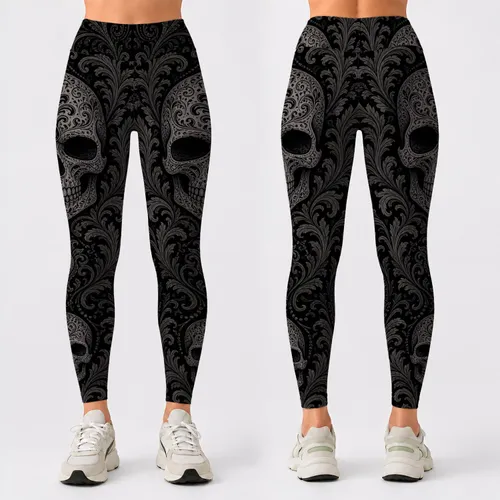 Gothic Bohemian Skulls With Charcoal Baroque Scrolls For Dark Festival Outfit Style Leggings