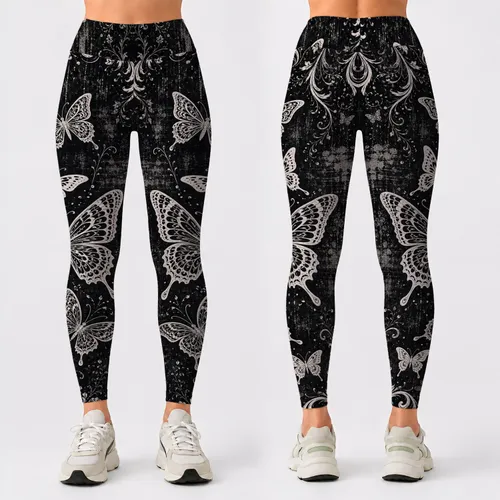 White Butterfly Baroque Vines On Dark Faux Denim Grunge For Women's Gothic Yoga Outfits Leggings