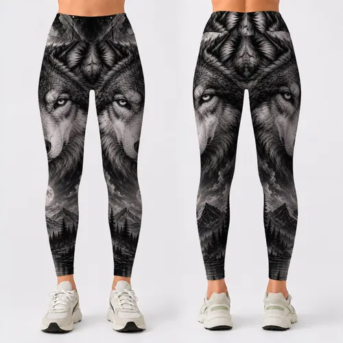 Grayscale Wolf Moon Pine Forest Nocturnal Gothic Activewear For Wilderness Souls Leggings
