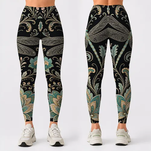 Elegant Dragonfly And Boho Floral Vines For Yoga Studio Festival Style Women Outfits Leggings