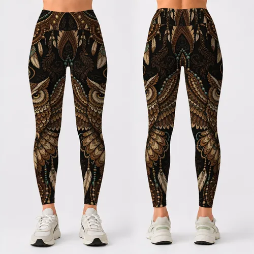Ornate Western Owl Totem With Turquoise Beads For Boho Rodeo Night Out Festival Style Leggings