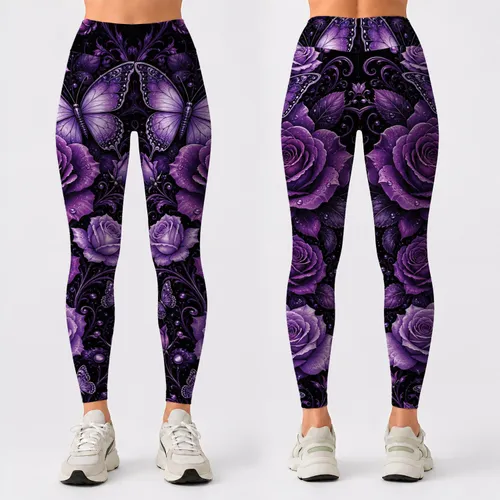 Black Purple Rose Butterfly Gothic Floral Yoga Gym Festival Outfit For Romantic Women Leggings