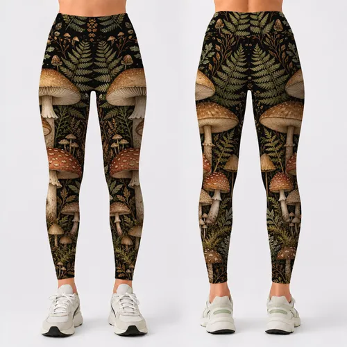 Enchanted Woodland Mushrooms With Ferns For Boho Forest Night Festival Outfit Look Leggings