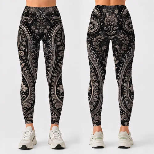Monochrome Western Bandana Paisley Medallion For Resort Vacation Style For Women Leggings
