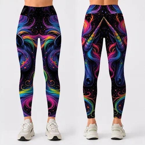 Rainbow Unicorn Head With Halloween Bats And Pumpkins For Women's Spooky Festival Outfits Leggings