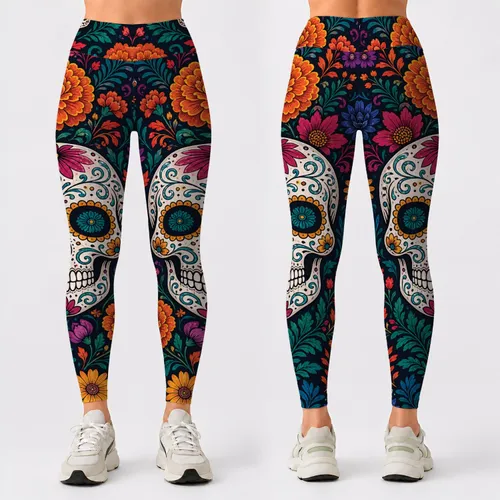 Gothic Sugar Skulls And Midnight Florals For Halloween Fiesta And Day Of The Dead Leggings