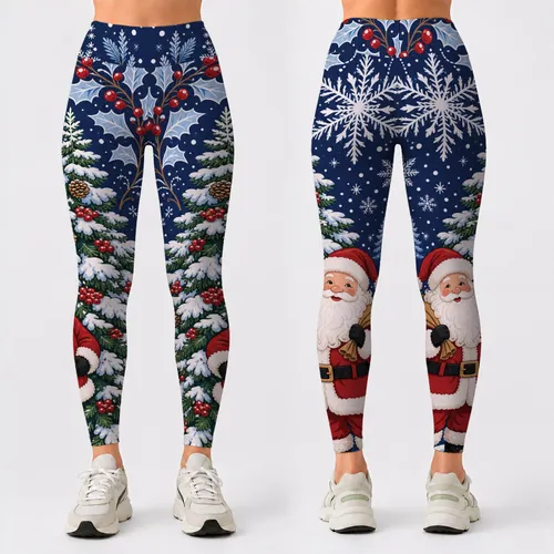 Santa And Snowy Christmas Tree With Blue Snowflakes For Festive Winter Holiday Style Leggings