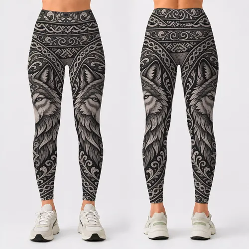 Nordic Wolf Totem Medallion With Celtic Knotwork For Yoga Studio And Festival Wear Leggings